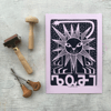 A4 size handprinted linocut of Lion Zodiac Sign - Black and purple