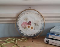 Image 1 of Hedge Lover,  Embroidered and pressed flowers circular framed art 