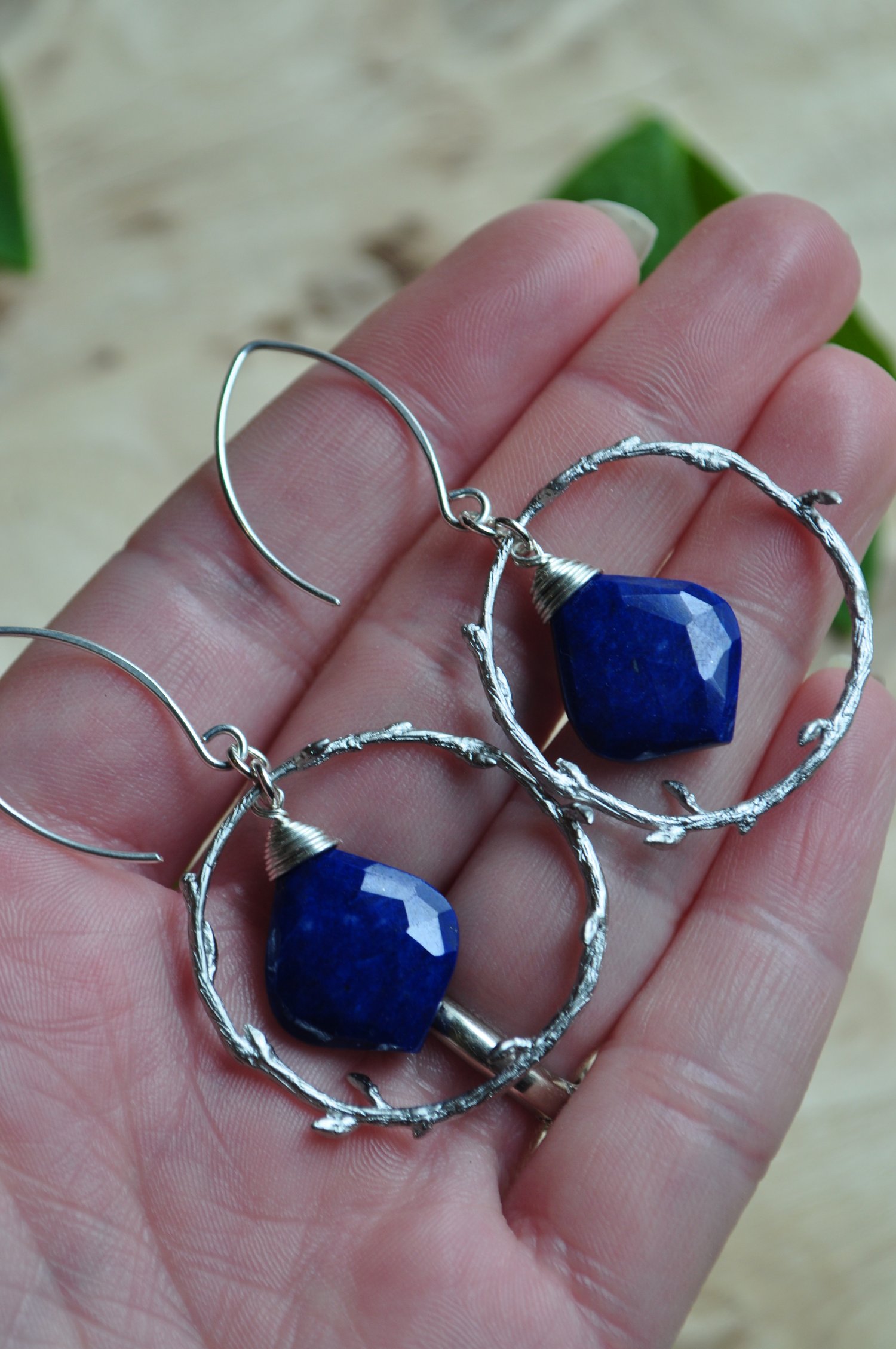 Image of Lapis Lazuli Branch Hoop Dangles on Sterling Silver