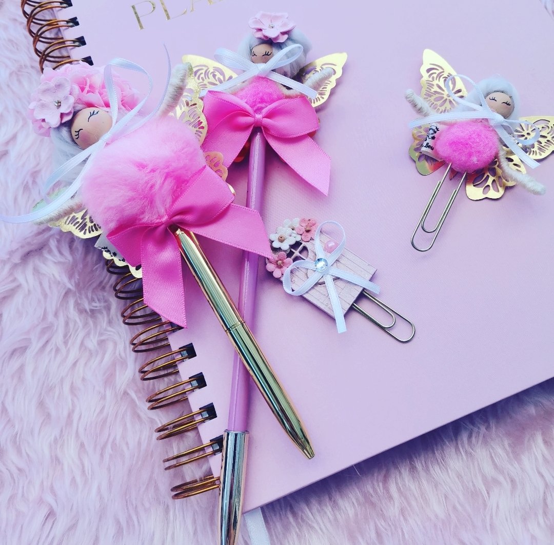 Image of NEW - Pink and Gold Fairy Pom Stationary Set