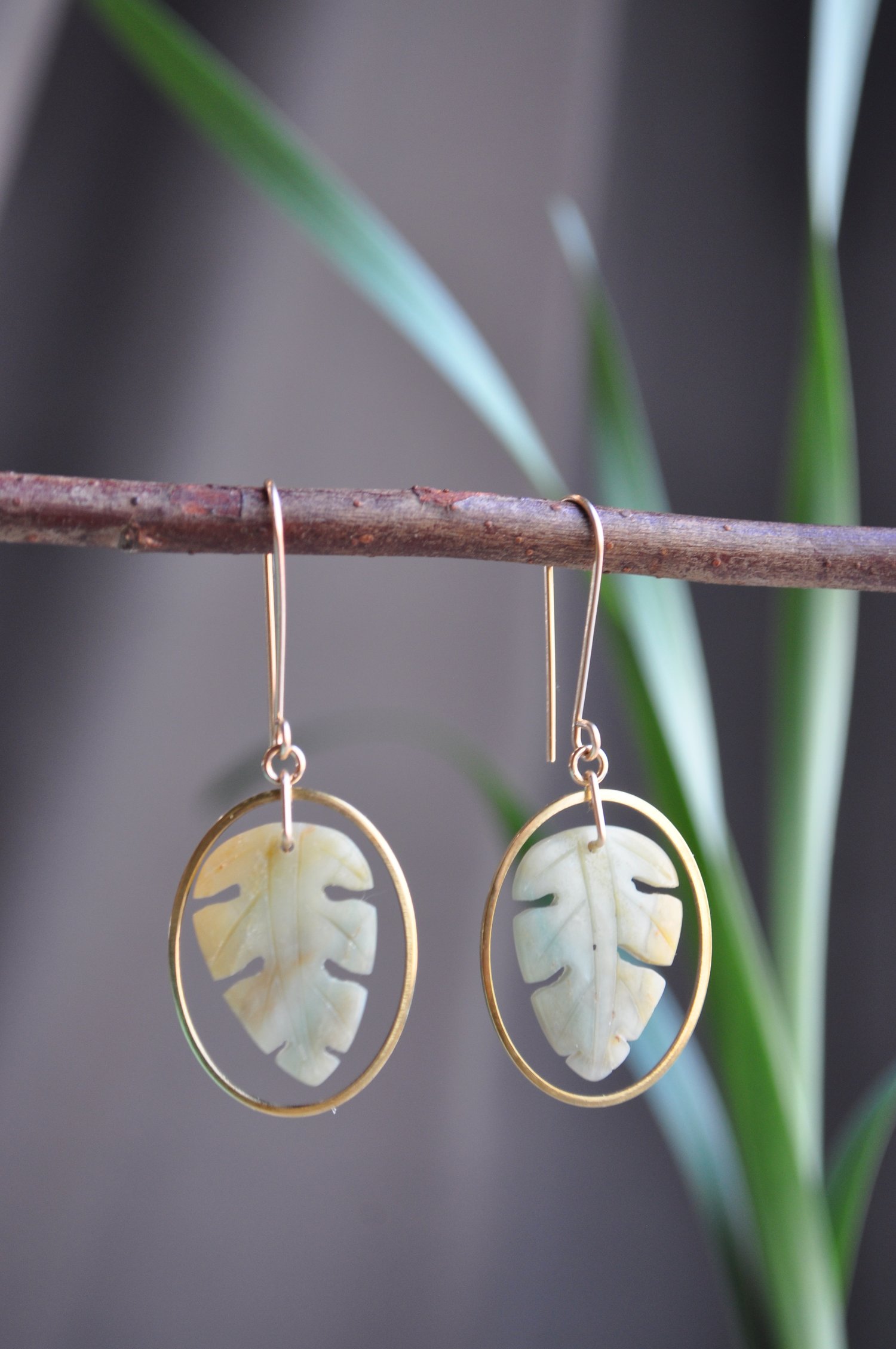 Image of OOAK Amazonite Monstera Leaf Hoop Dangles