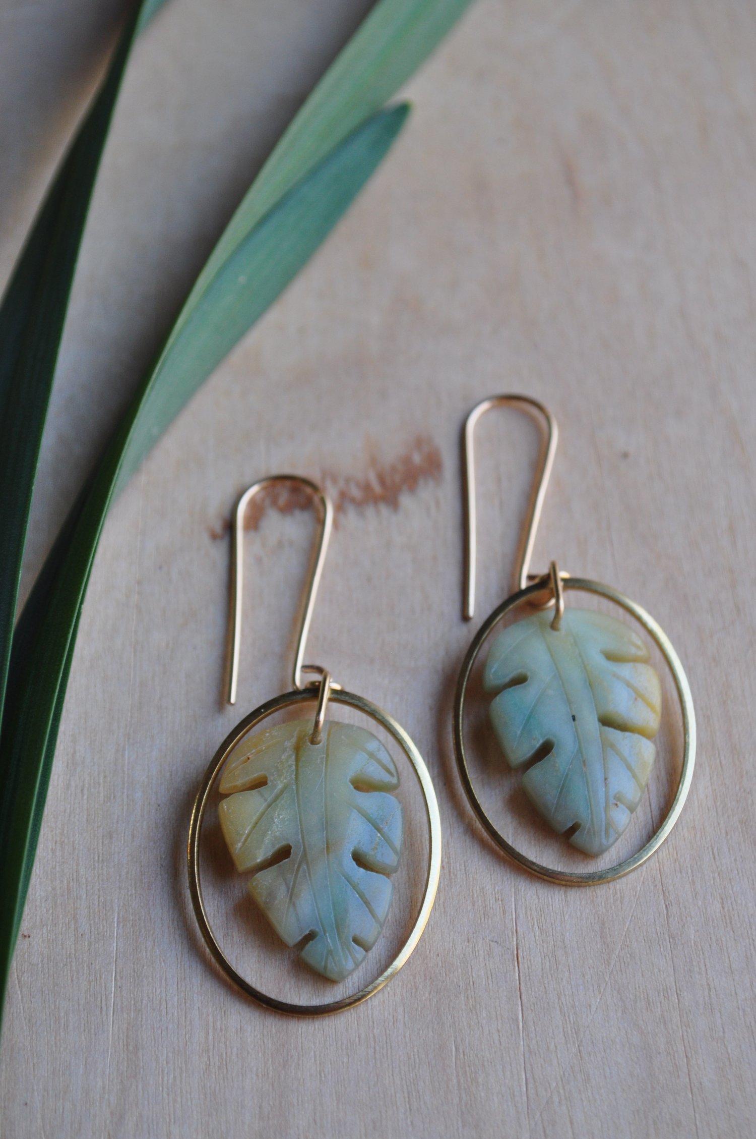 Image of OOAK Amazonite Monstera Leaf Hoop Dangles