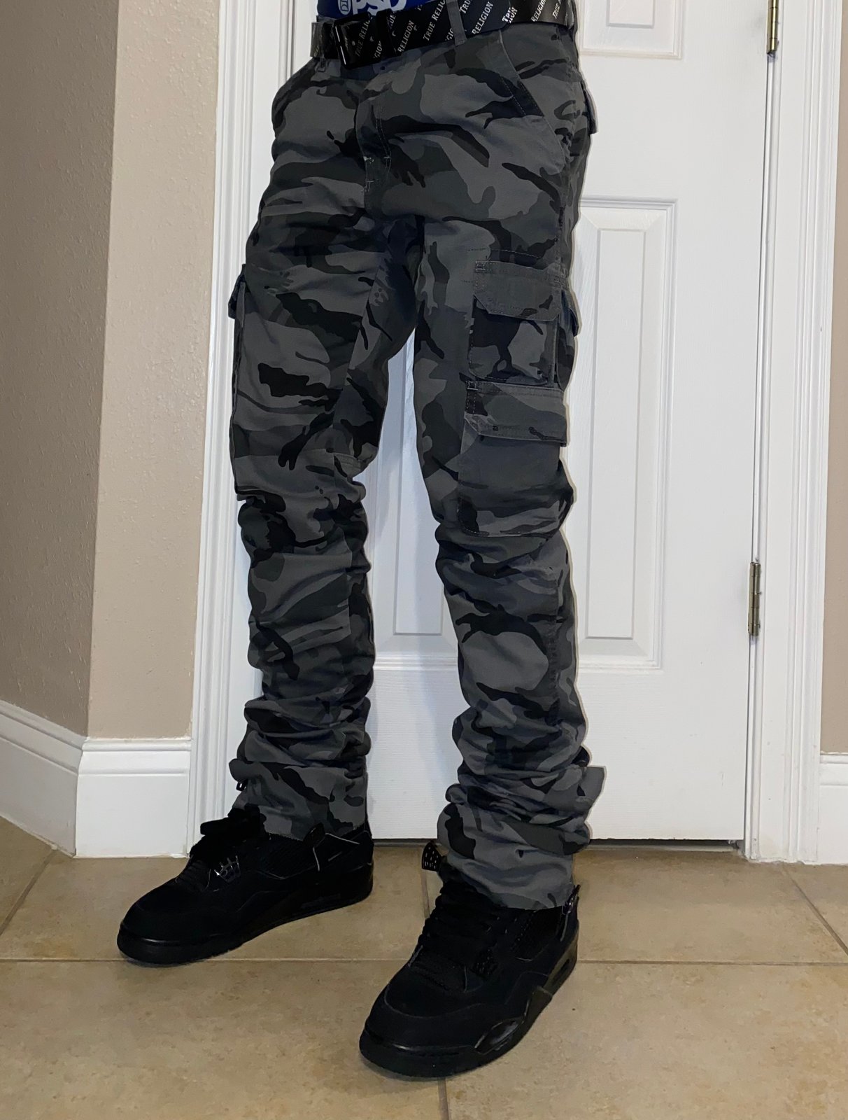 black stacked cargo pants