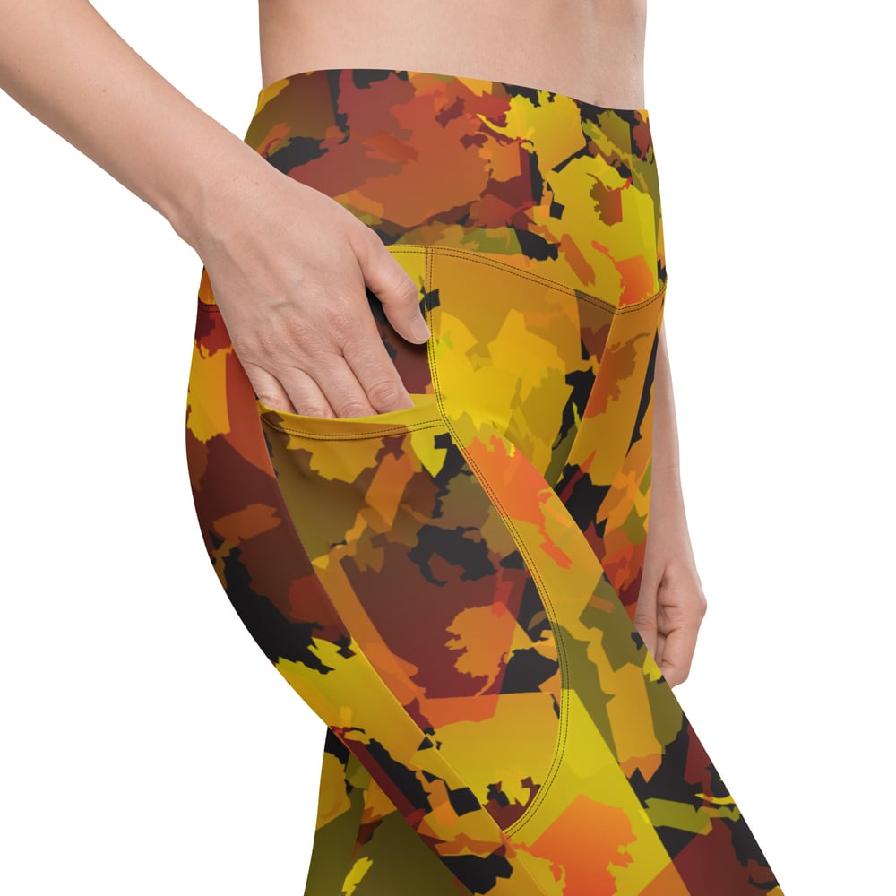 Image of Pocketed, High Waist AK Pattern Leggings - Autumn Leaves