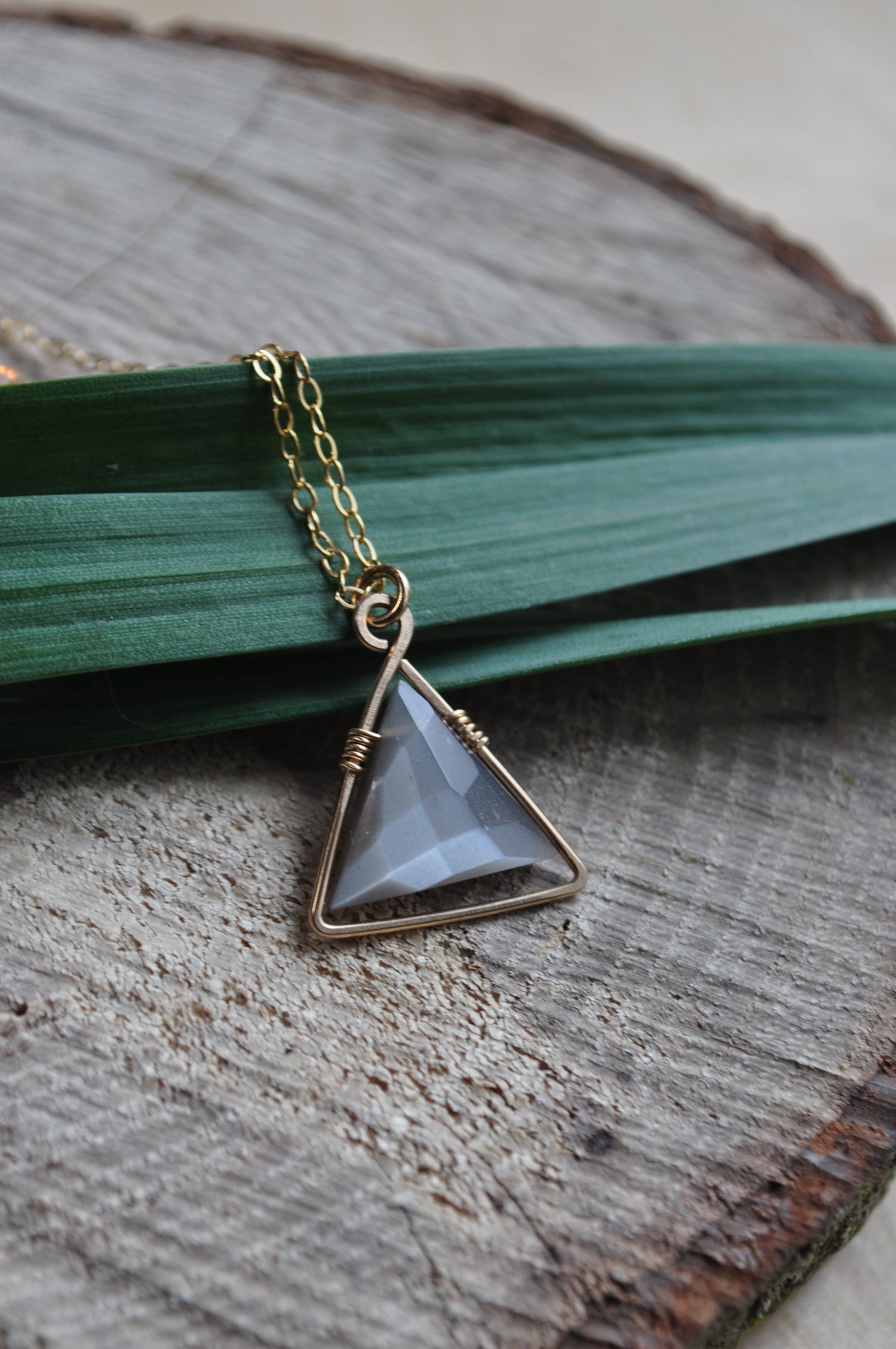 Image of Gray Moonstone Triangle Necklace - on 18 inch Gold Fill