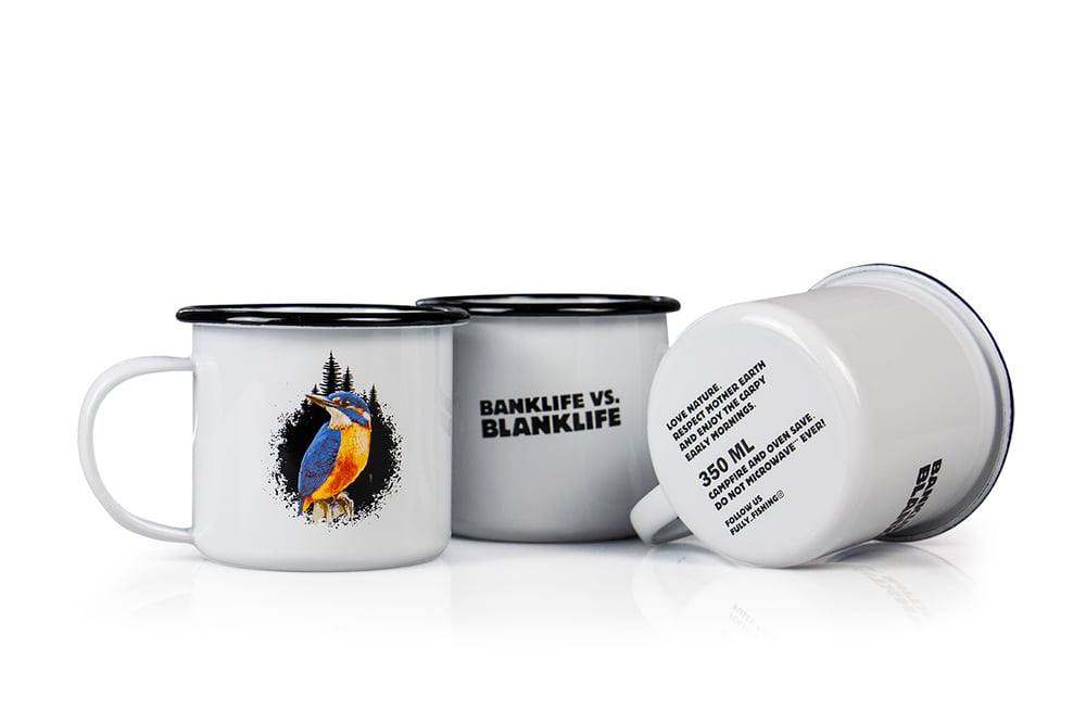 Image of enamel mug "banklife vs. blanklife" white