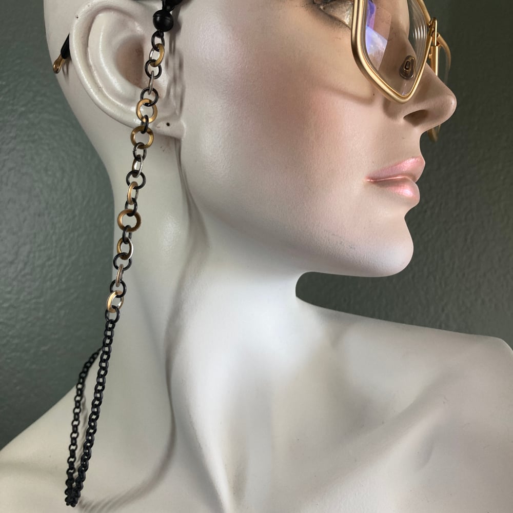 Image of 21.5" Matte Black & Gold Convertible Necklace/Eyeglass Chain w/Matte Black Ball Magnet Clasp