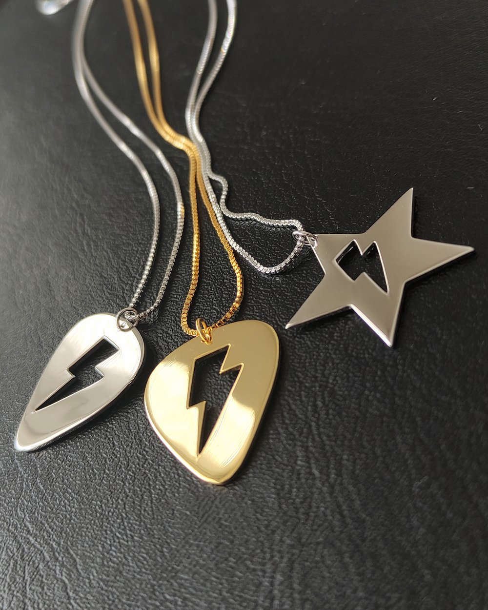 Gold Guitar Pick 'Flash' Lightning Bolt Necklace (925 Silver)