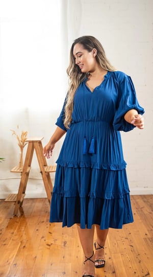 Image of Scarlett Tiered Midi dress with tassels. Cobolt. Dani Marie the Label.