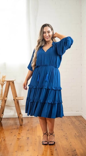 Image of Scarlett Tiered Midi dress with tassels. Cobolt. Dani Marie the Label.