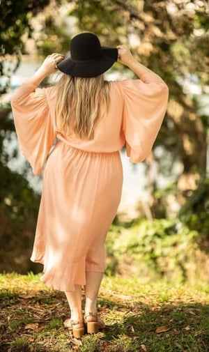 Image of Gabrielle Short Sleeve Wrap Midi Dress. Blush. Dani Marie the Label.