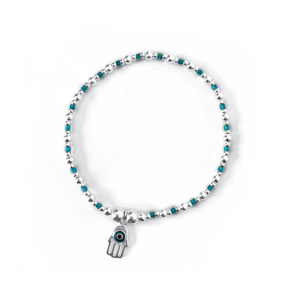 Image of Sterling Silver & Turquoise Hamsa Hand Charm Bracelet