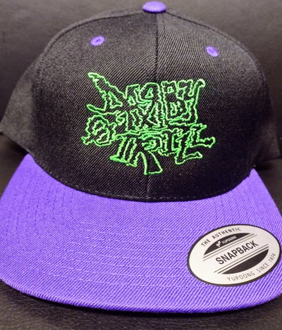 Image of DARBY O-TRILL SNAPBACK HAT: PURPLE BILL AND GREEN OUTLINE WITH LSP SYMBOL ON THE BACK