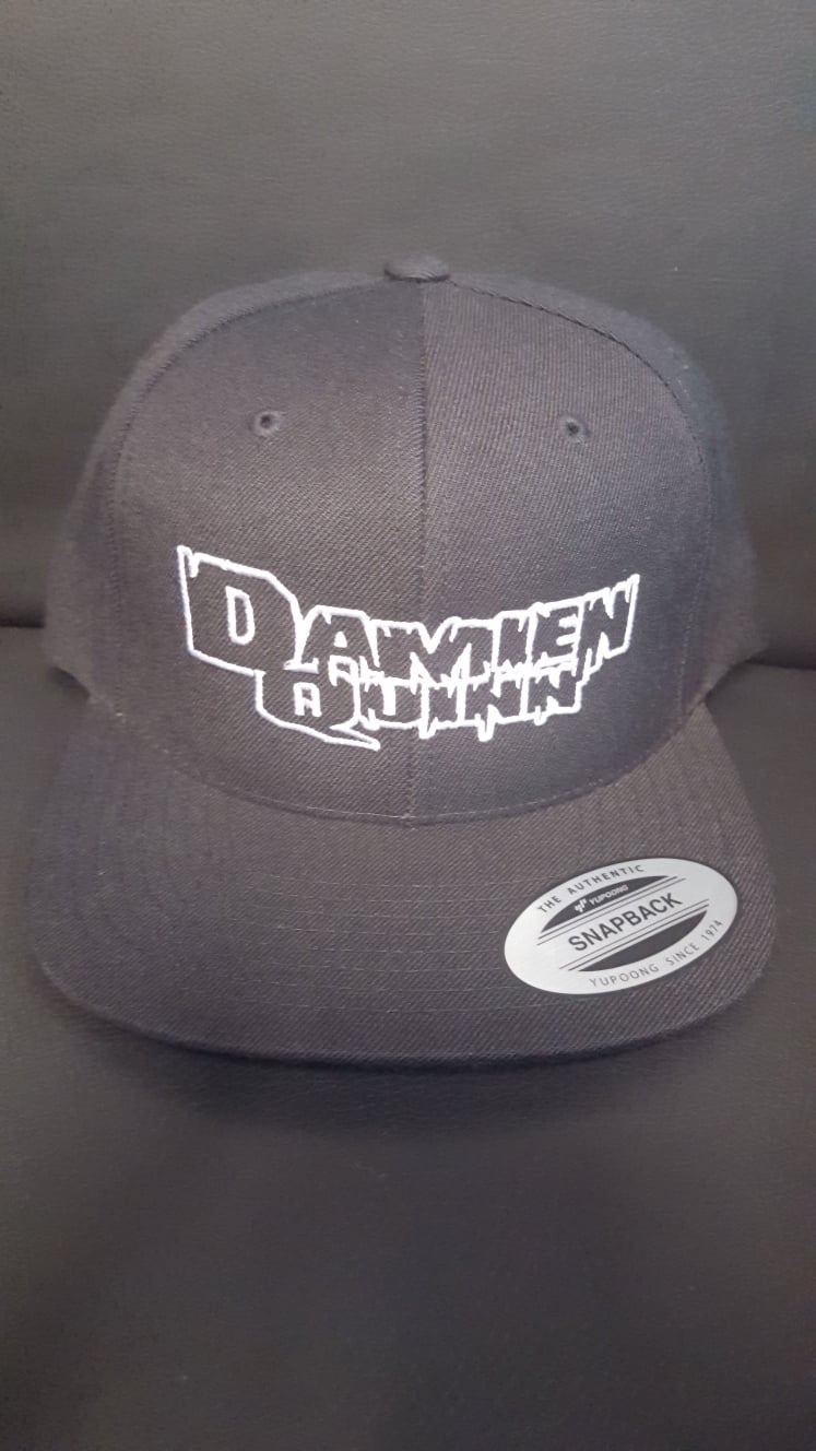 Image of DAMIEN QUINN SNAPBACK: BLACK HAT WITH BLACK LOGO WITH WHITE OUTLINE