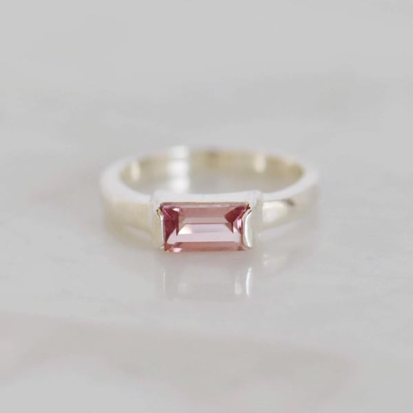 Image of Pink Spinel (Balas Ruby) rectangular cut round band silver ring
