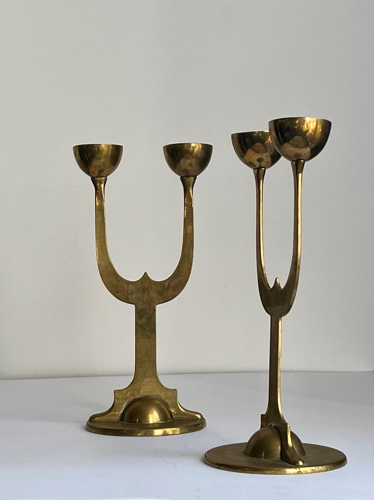 Image of Pair of Art Nouveau Brass Candlesticks, Sweden