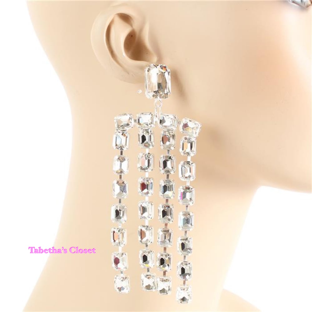 Image of Glass Princess Cut Crystal Fringe Earrings 