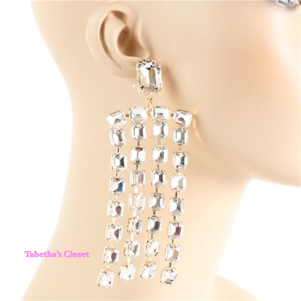 Image of Glass Princess Cut Crystal Fringe Earrings 