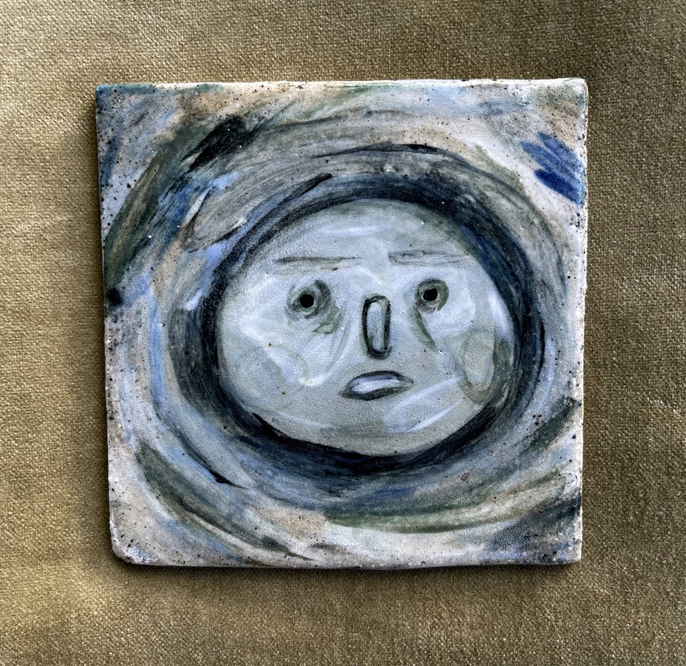 Lonely Moon - handmade tile with underglaze illustration