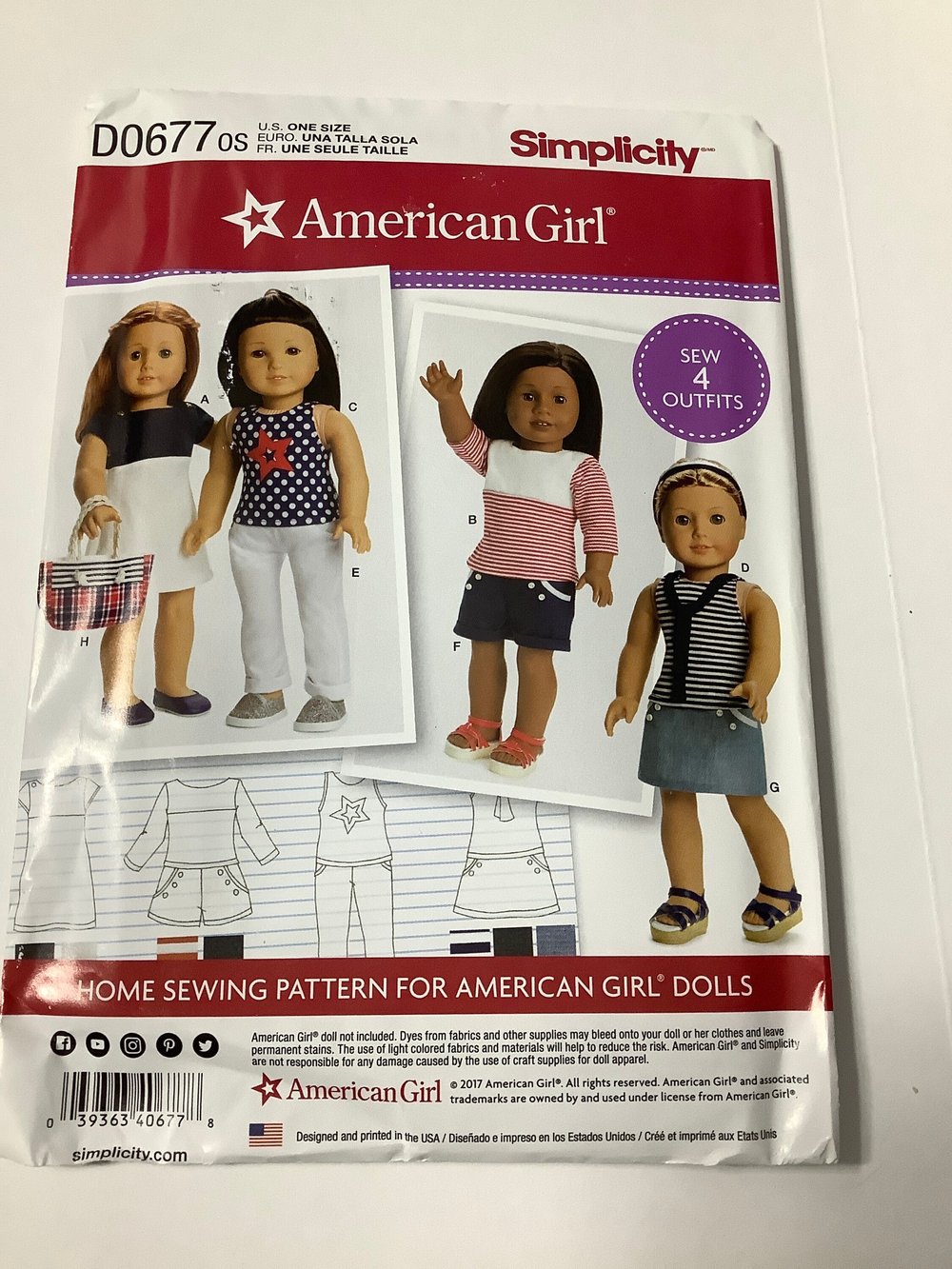 Sewing Pattern D0677 One Size American Girl 18 Doll Clothes 4 Outfits  Uncut New