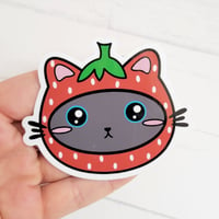Image 2 of Kitty in a Strawberry Hat Vinyl Sticker 