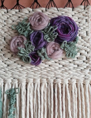 Floral embroidered weave in purples and sage green 