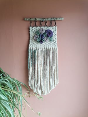 Floral embroidered weave in purples and sage green 