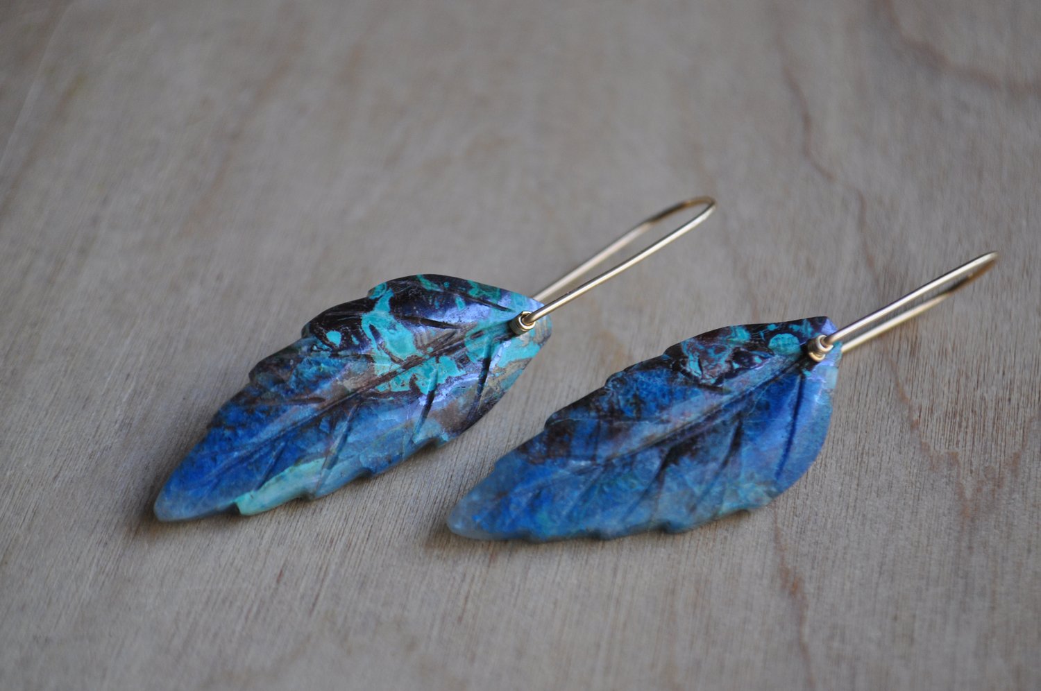 Image of One of a Kind Carved Chrysocolla Leaf Dangles