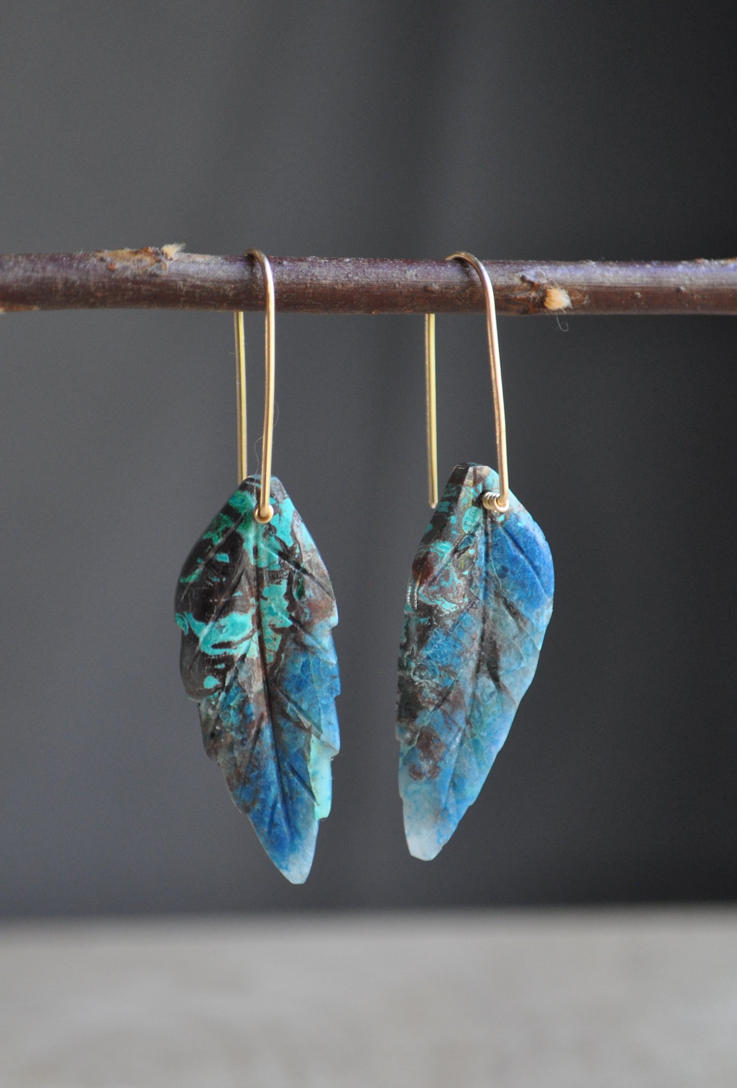 Image of One of a Kind Carved Chrysocolla Leaf Dangles