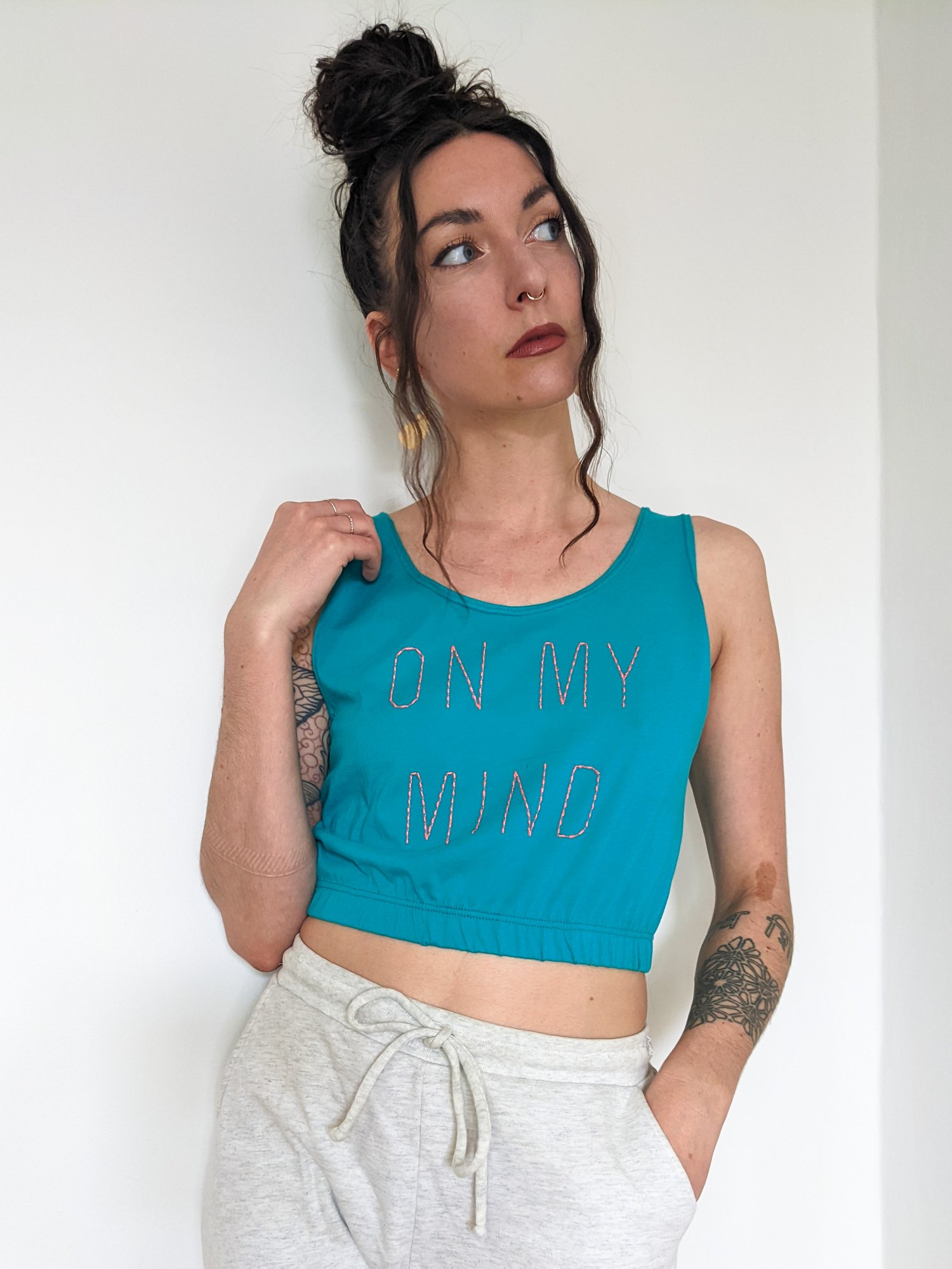 Image of 'ON MY MIND" Small-ish Up-cycled Crop Tank
