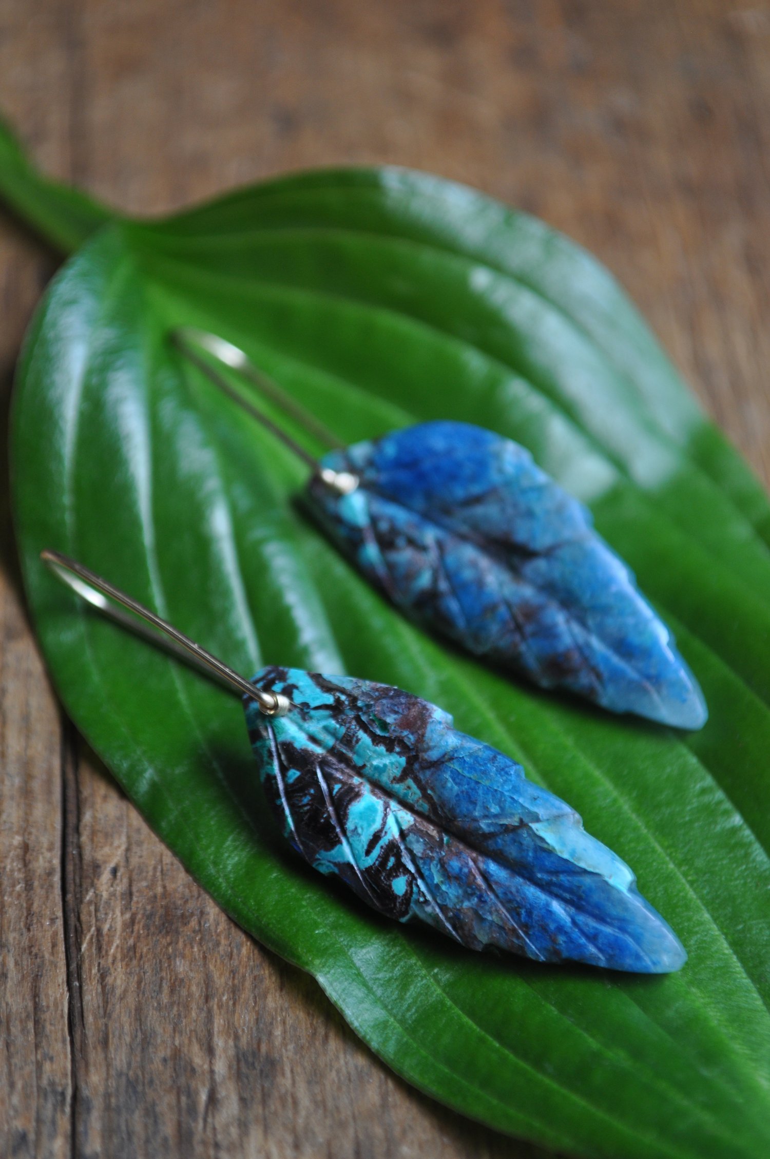 Image of One of a Kind Carved Chrysocolla Leaf Dangles