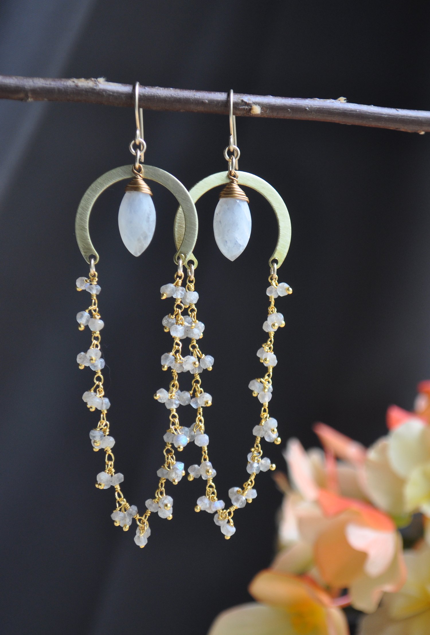 Image of Rainbow Moonstone and Labradorite Fringe Hoop Dangles