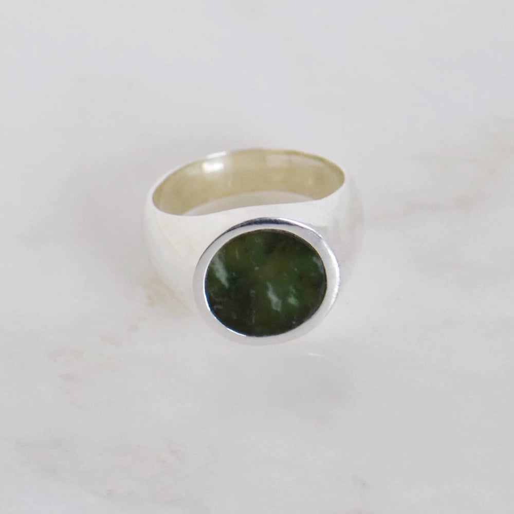 Image of Myanmar Green Jade flat round cut silver signet ring