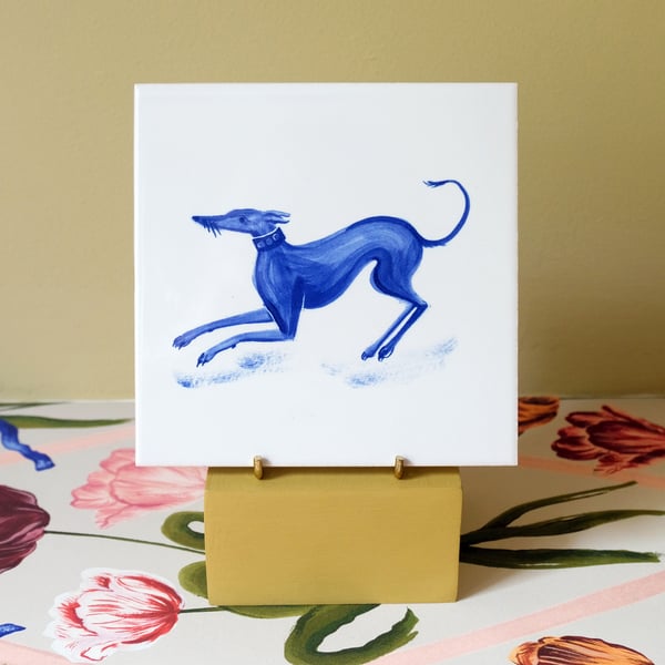 Image of Playing Whippet Cobalt Tile