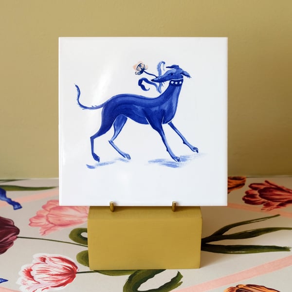 Image of Whippet with Tulip Cobalt Tile