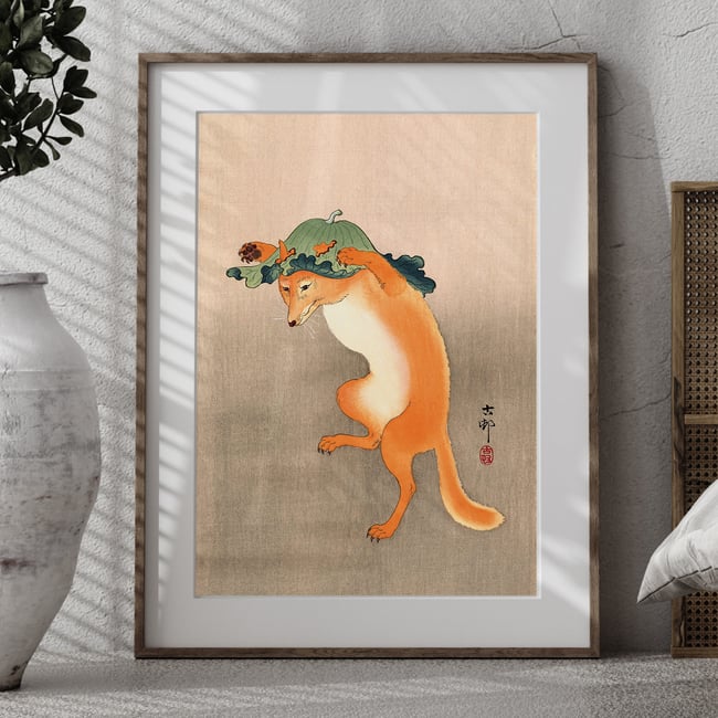 Dancing Fox with Lotus-Leaf Hat | Ohara Koson | Ukiyo-e | Japanese Woodblock | Fine Art Print