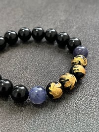 Image 2 of Golden-Carved Four Divine Beasts Black Agate x  Lolite Gemstones Bracelet 10mm