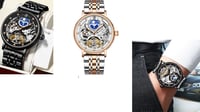 KINYUED Stainless Steel Strap Men's Watch Luxury Skeleton Automatic Mechanical Wristwatch Moon Phase