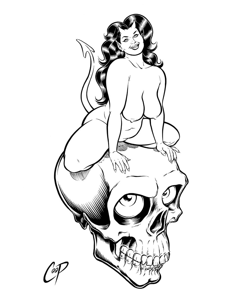 Image of DEVIL GIRL ON SKULL #1 Original drawing