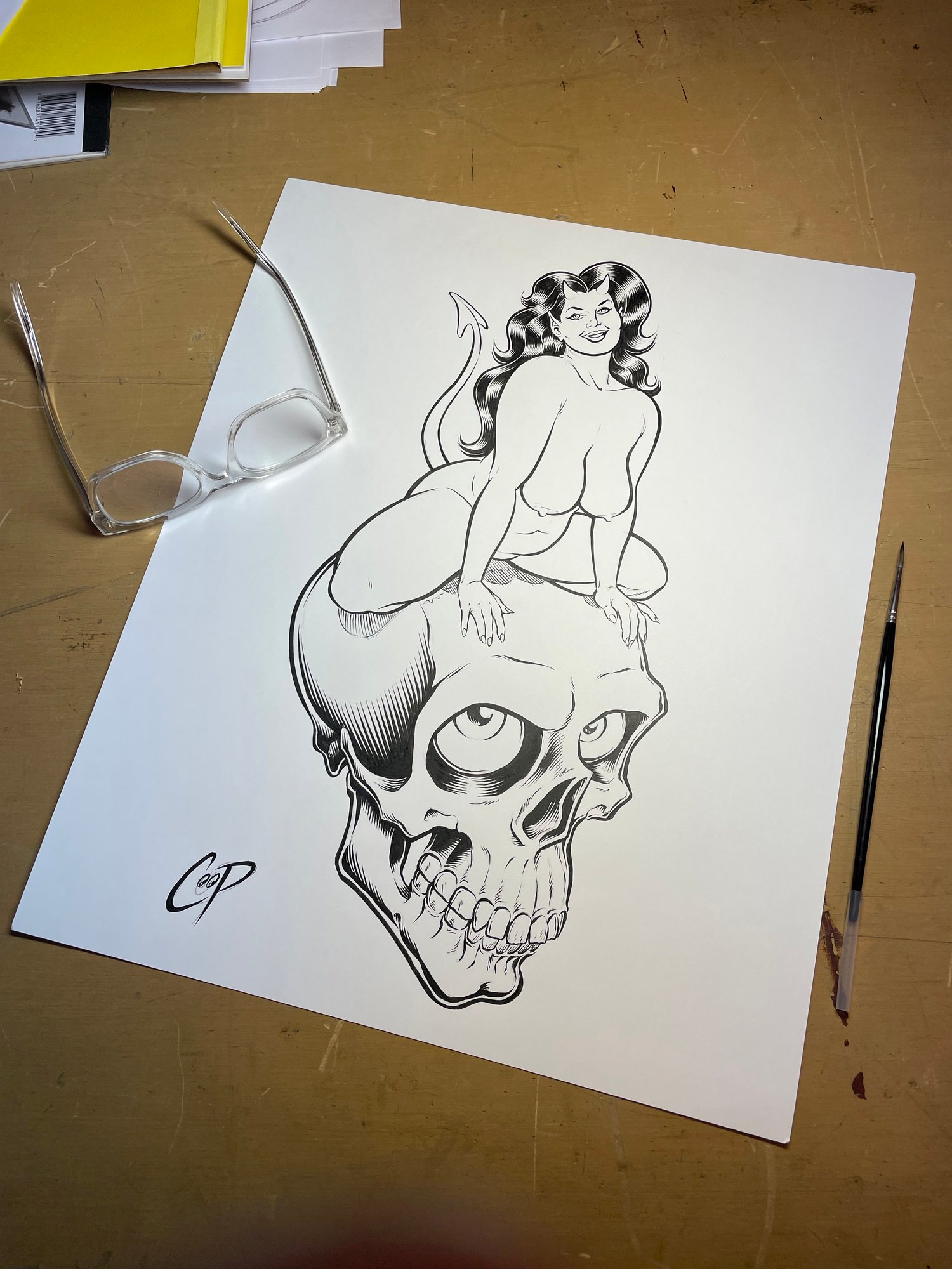 Image of DEVIL GIRL ON SKULL #1 Original drawing