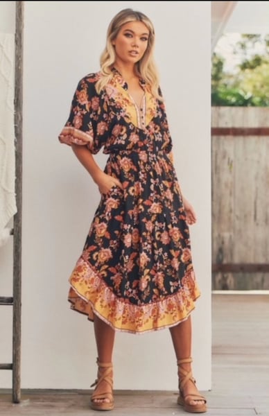 Image of Black Pheonix Print. Jasmine Midi Dress. JAASE