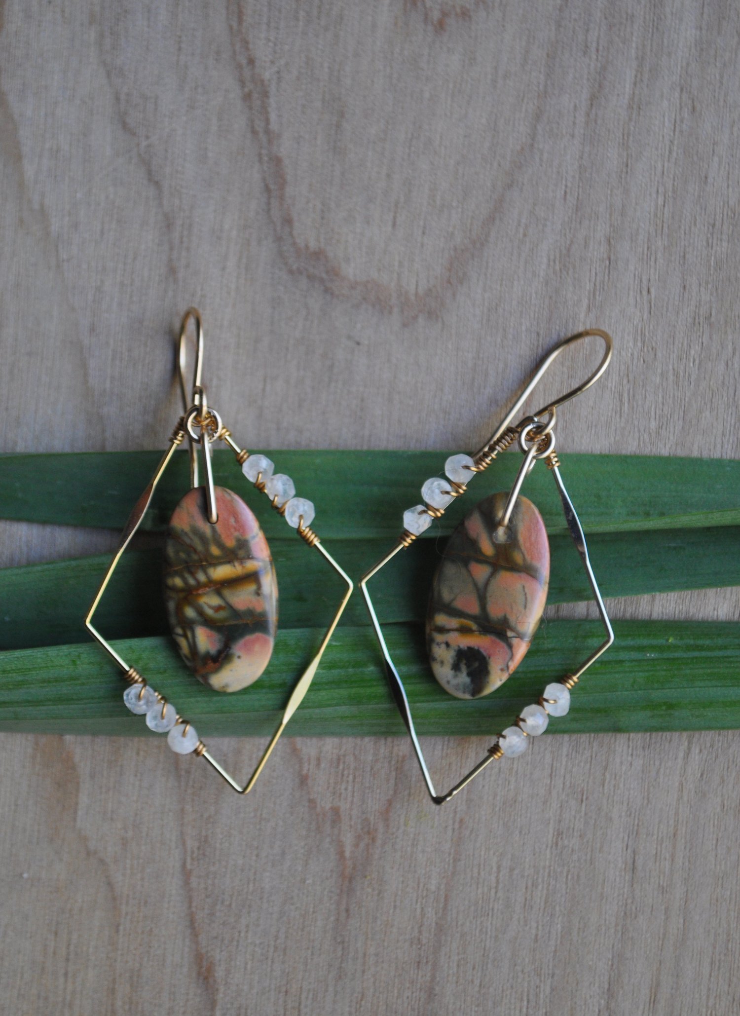 Image of OOAK Picasso Jasper and Moonstone Diamond Dangles