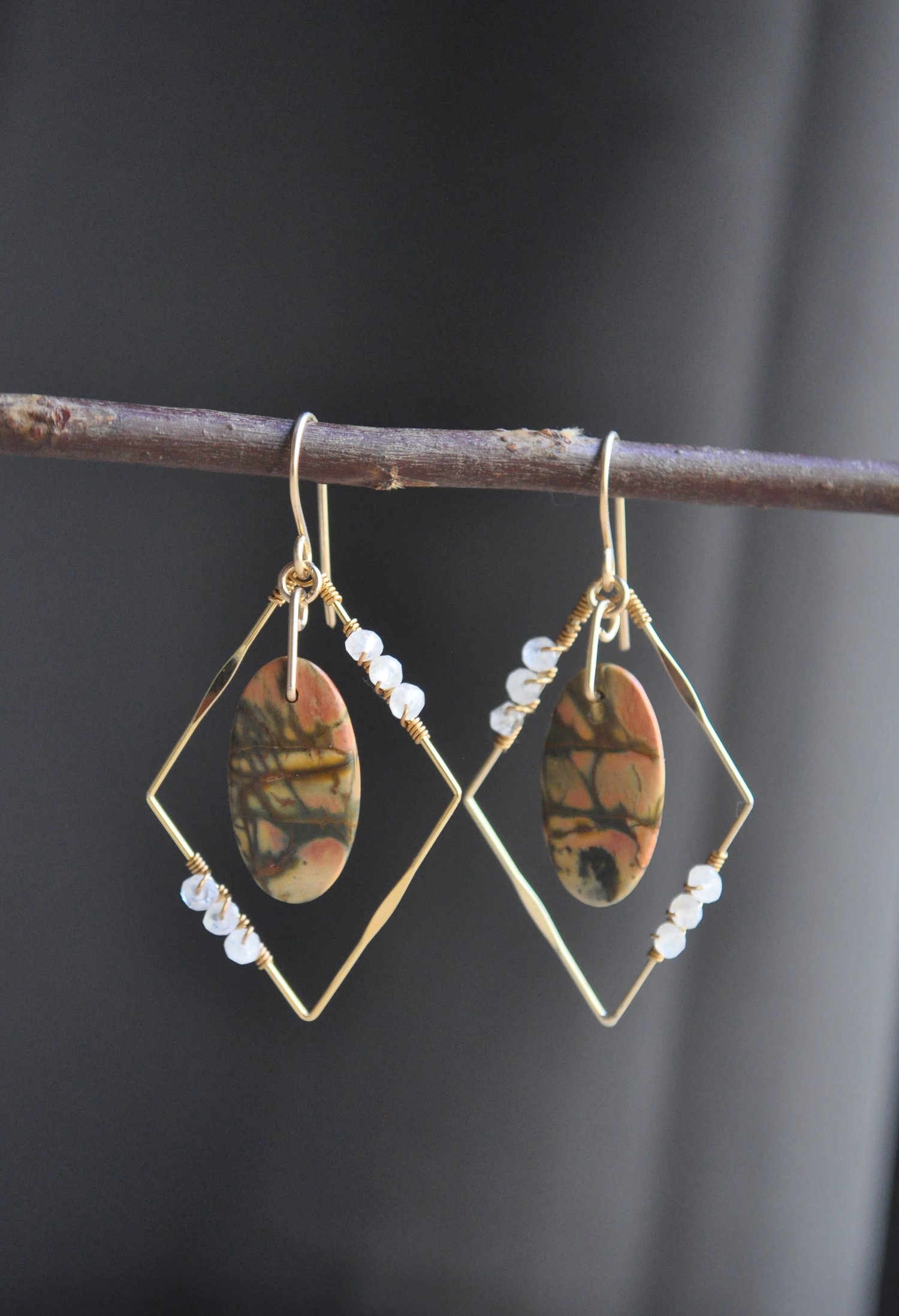 Image of OOAK Picasso Jasper and Moonstone Diamond Dangles