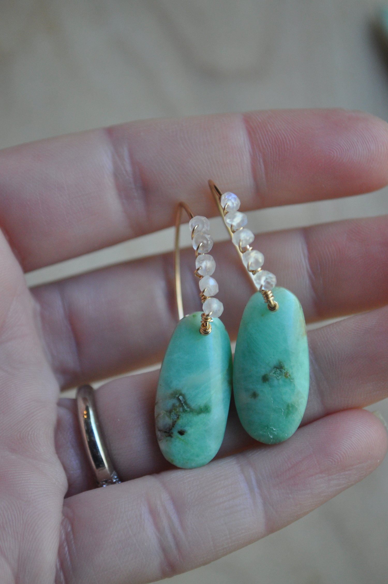 Image of Chrysoprase and Cascading Rainbow Moonstone Dangles