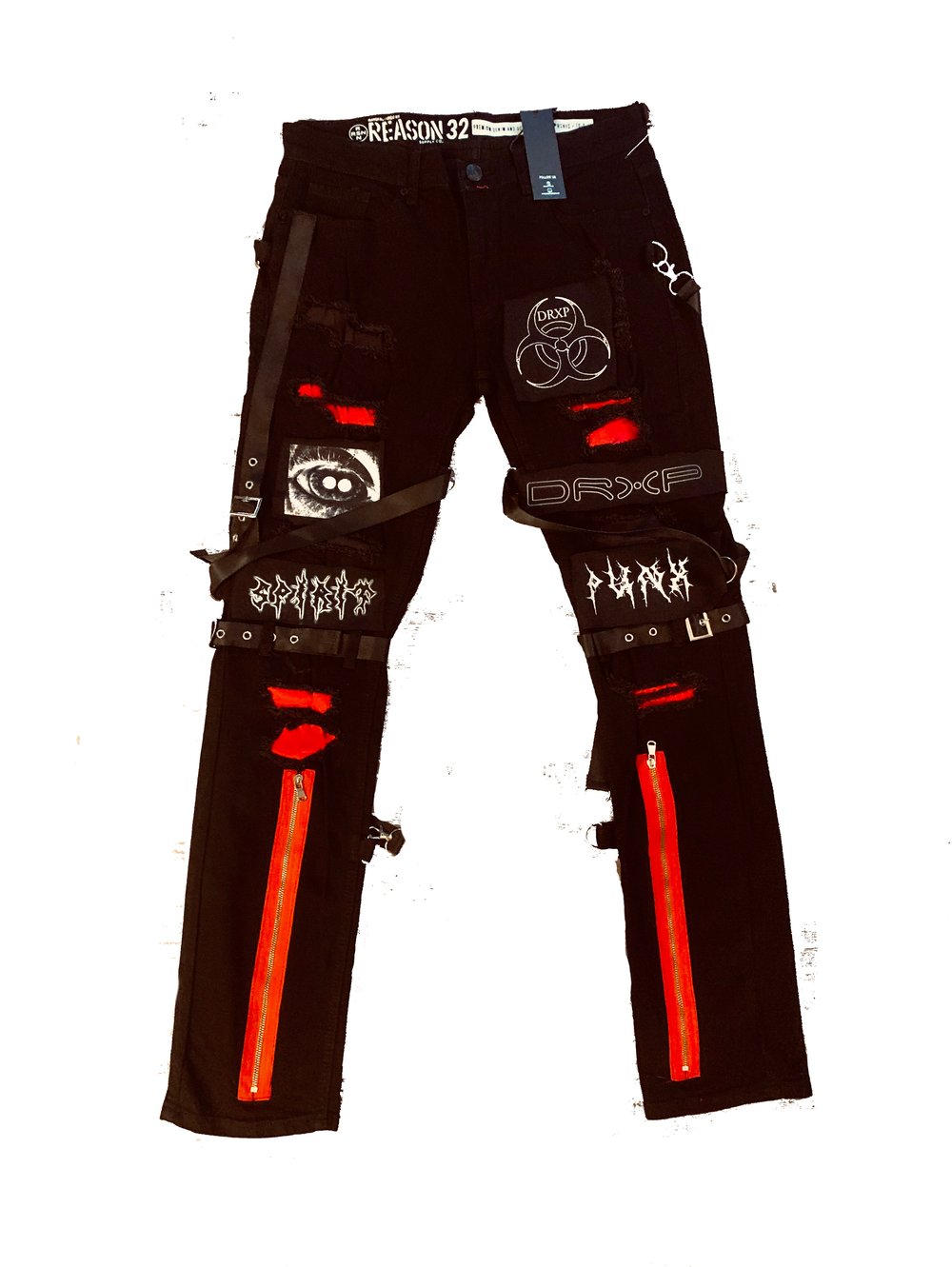 Image of STRAP BIO HAZARRD HAND SEWN JEANS BLACK AND RED 