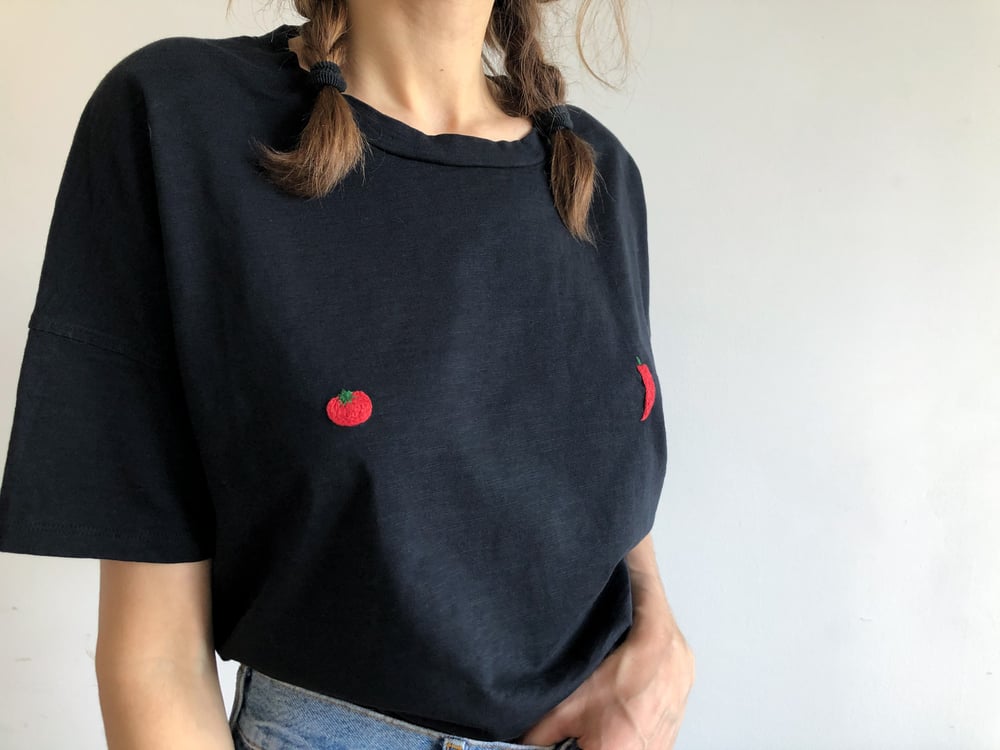 Image of Paprika tomato sample t-shirt - hand embroidered // organic cotton // size Medium, oversized
