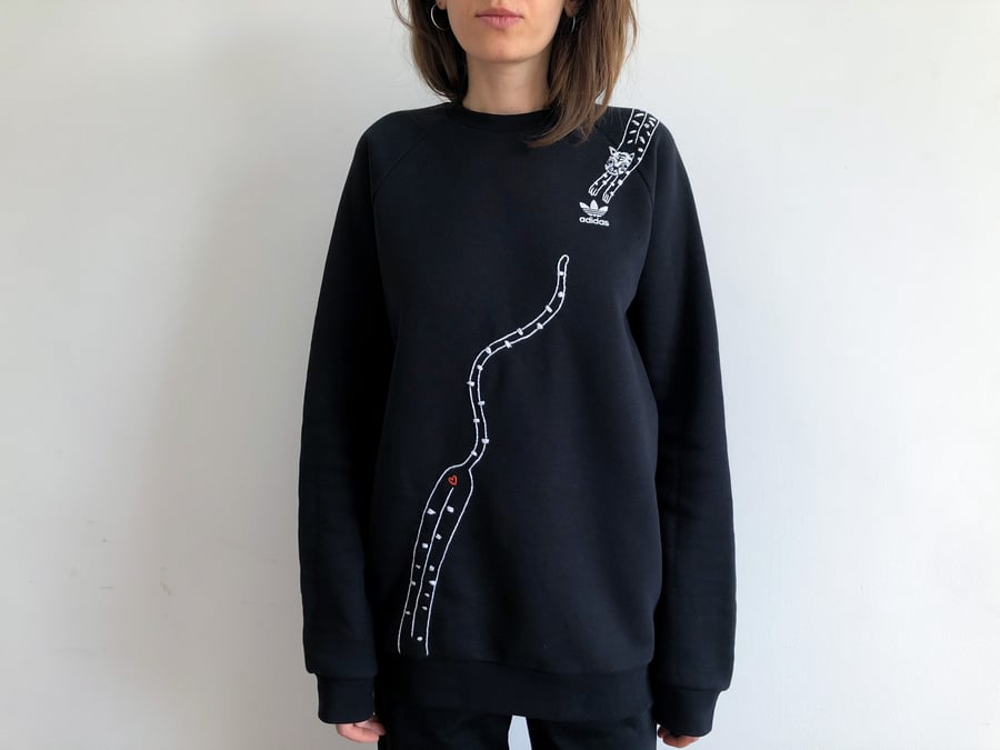 Image of Tiger snake - upcycled Adidas sweatshirt, hand embroidered, size Medium, unisex, one of a kind