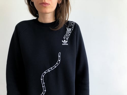 Image of Tiger snake - upcycled Adidas sweatshirt, hand embroidered, size Medium, unisex, one of a kind