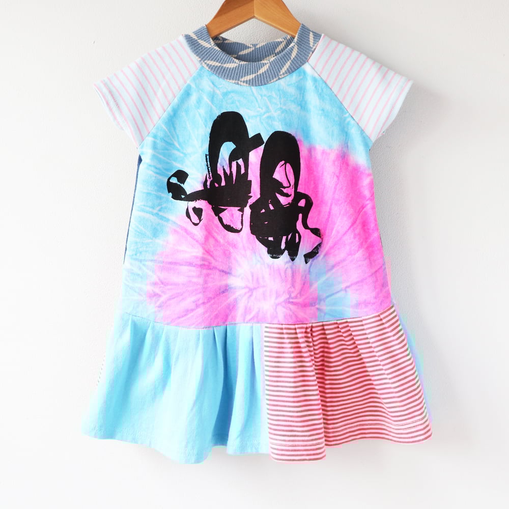 Image of tiedye pink and blue tie dye en pointe ballet 2T gathered hem short sleeve dress courtneycourtney