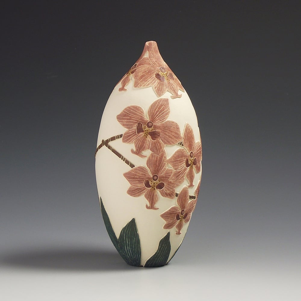 Image of Red moth Orchid sgraffito vessel